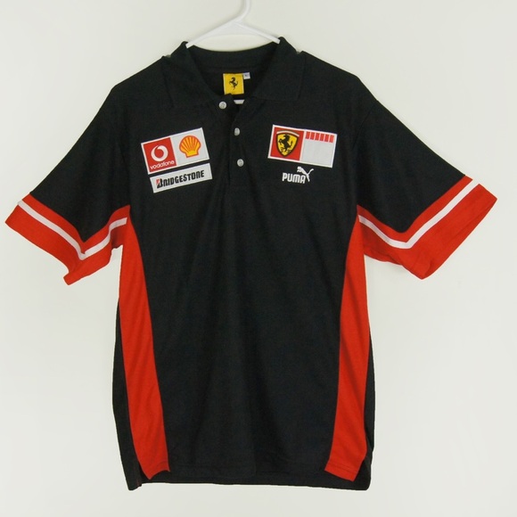 Vintage 90s Ferrari Formula 1 Car Racing Black Red Polo Short Sleeve Shirt - Picture 1 of 5